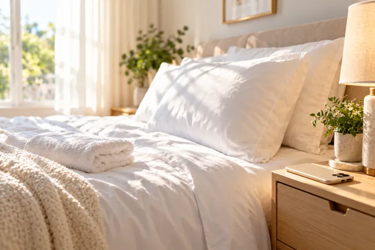 10 Simple Skincare Tips for Naturally Glowing Skin 8 Freshly made bed with white pillowcase, folded towel, and phone on the nightstand