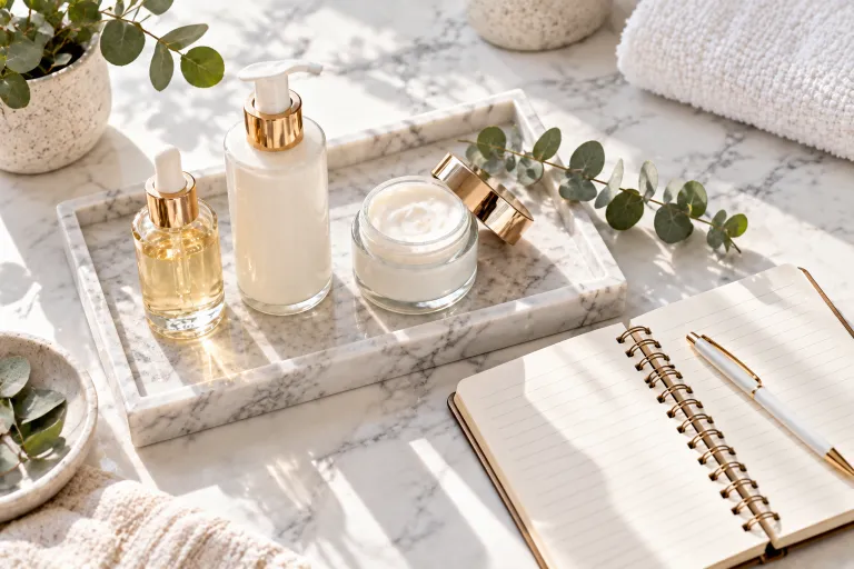 10 Simple Skincare Tips for Naturally Glowing Skin 10 Three small skincare bottles on a tray with a notebook and pen