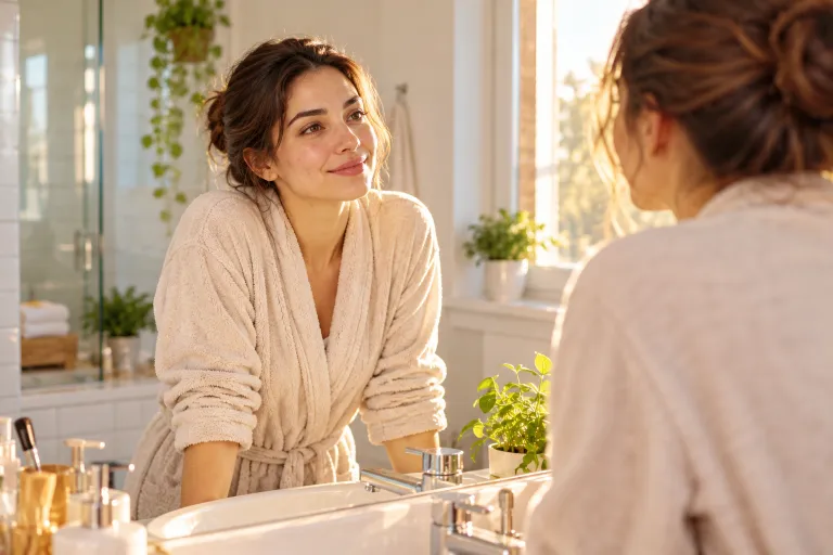 10 Acne Positivity Lessons for a Healthier Mindset 2 Woman smiling gently at her bathroom mirror in morning light, practicing acne positivity with a kind inner voice