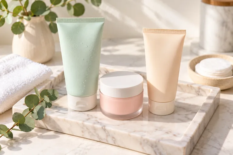 10 Acne Positivity Lessons for a Healthier Mindset 4 Gentle skincare routine products on a white marble tray including cleanser, moisturizer, and sunscreen