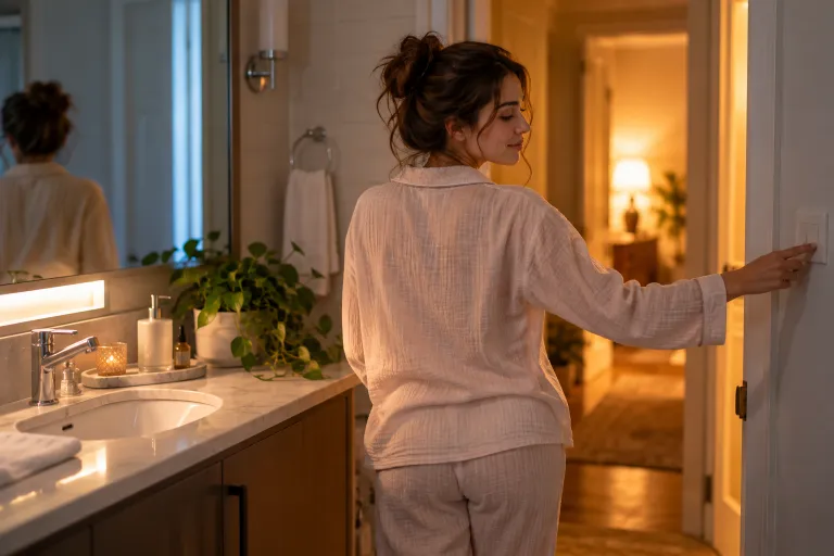 10 Acne Positivity Lessons for a Healthier Mindset 6 Woman switching off the bathroom light and stepping away from the mirror to avoid skin obsession