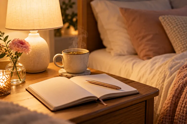 10 Acne Positivity Lessons for a Healthier Mindset 8 Open journal, pen, and herbal tea on a bedside table for a nightly gratitude habit
