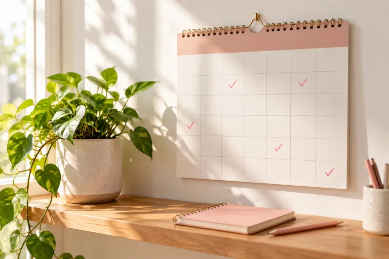 10 Acne Positivity Lessons for a Healthier Mindset 10 Wall calendar with pink check marks beside a small plant, tracking patient skin progress