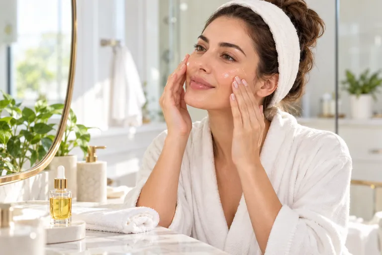 10 Easy Ways to Clear Clogged Pores Naturally 2 Woman massaging jojoba oil onto her cheeks to cleanse clogged pores at a bathroom vanity