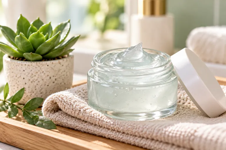 10 Acne Face Tips for Clearer, Healthier Looking Skin 6 Open jar of lightweight gel moisturizer beside a soft towel and small plant
