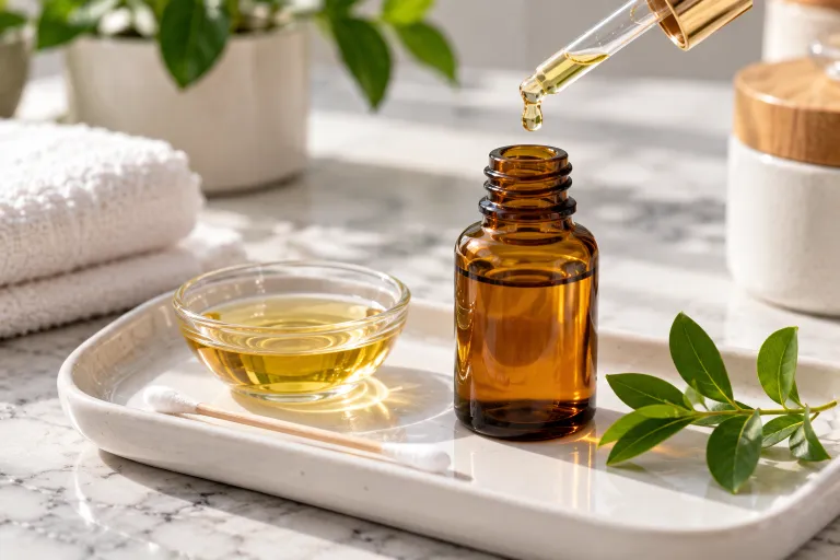 10 Easy Ways to Clear Clogged Pores Naturally 8 Amber dropper bottle and cotton swab for diluted tea tree oil spot treatment