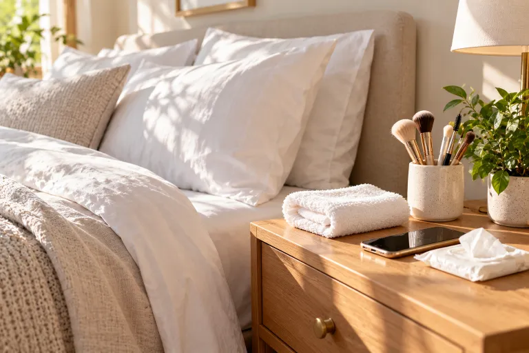 10 Easy Ways to Clear Clogged Pores Naturally 10 Clean white pillowcase and makeup brushes on a nightstand for a cleaner skin routine