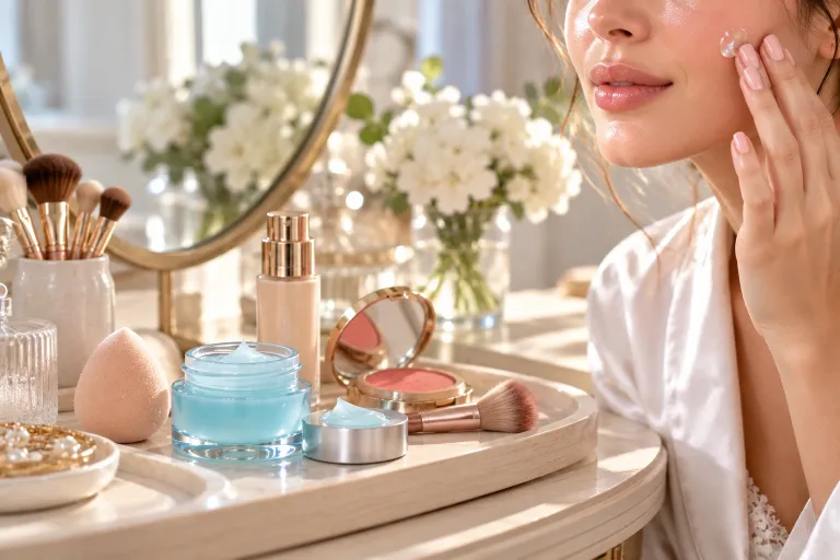 10 Neutrogena Hydro Boost Ideas for Dewy Skin 4 Vanity with Hydro Boost jar, beauty sponge, and tinted moisturizer ready for makeup prep
