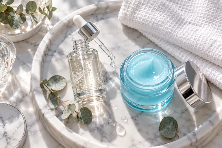 10 Neutrogena Hydro Boost Ideas for Dewy Skin 6 Flat lay of hydrating serum, Hydro Boost jar, and white towel on a marble tray