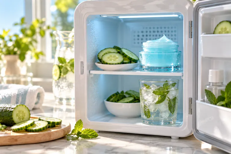 10 Neutrogena Hydro Boost Ideas for Dewy Skin 10 Cool Hydro Boost jar beside cucumber slices and a glass of water in a mini fridge