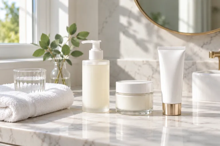 10 Simple Skincare Routine Ideas for Glowing Skin 2 Tidy bathroom counter with cleanser, moisturizer, and sunscreen for a simple skincare routine