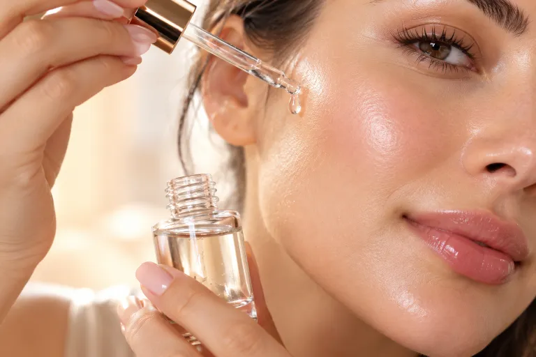 10 Simple Skincare Routine Ideas for Glowing Skin 4 Glass dropper bottle of hydrating serum held near a woman's glowing cheek