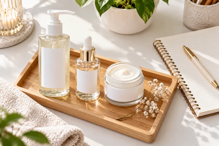 10 Acne Face Tips for Clearer, Healthier Looking Skin 8 Three skin care bottles on a tray with a notebook and pen for tracking new products
