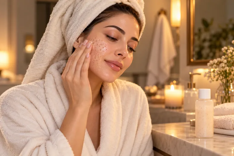 10 Simple Skincare Routine Ideas for Glowing Skin 8 Woman in a cream robe applying gentle exfoliating lotion with clean fingertips