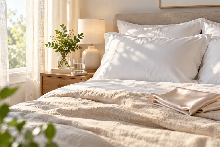 10 Simple Skincare Routine Ideas for Glowing Skin 10 Freshly made bed with a white pillowcase and glass of water for glowing skin habits