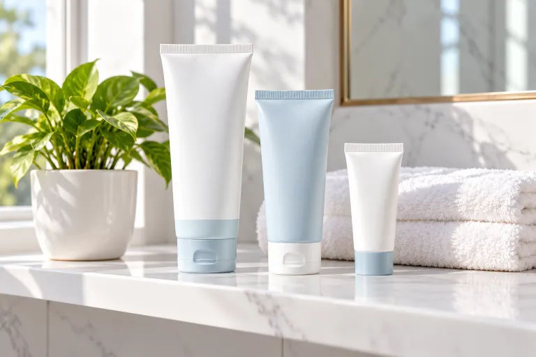 10 Benzoyl Peroxide Tips for Clearer, Healthier Skin 2 Three acne treatment tubes in different strengths lined up on a white bathroom shelf beside a small plant