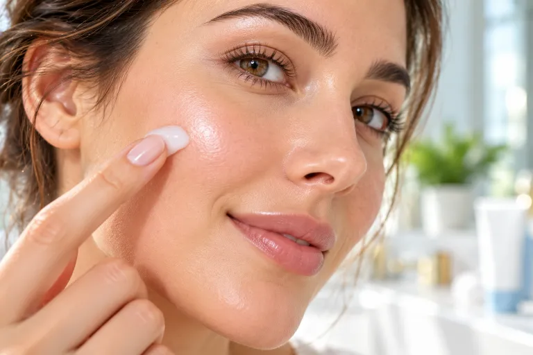 10 Benzoyl Peroxide Tips for Clearer, Healthier Skin 4 Fingertip holding a pea-sized amount of acne gel above a clean, bare face