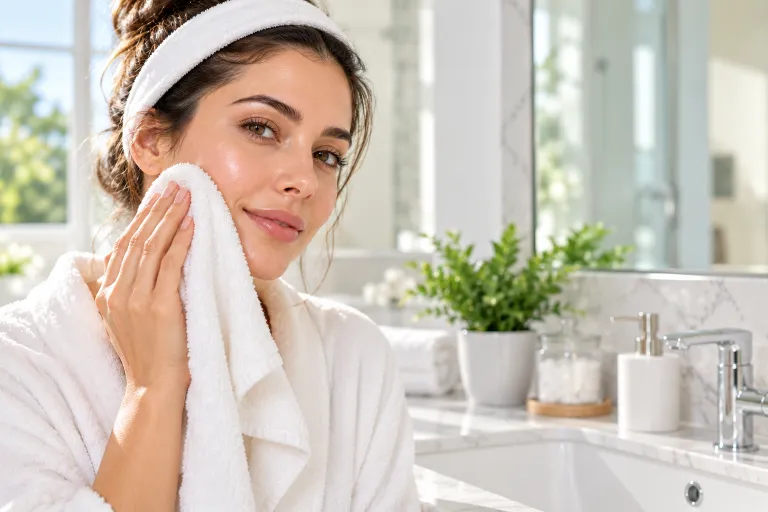 10 Benzoyl Peroxide Tips for Clearer, Healthier Skin 6 Woman gently patting her face dry with a soft white towel next to a bathroom sink