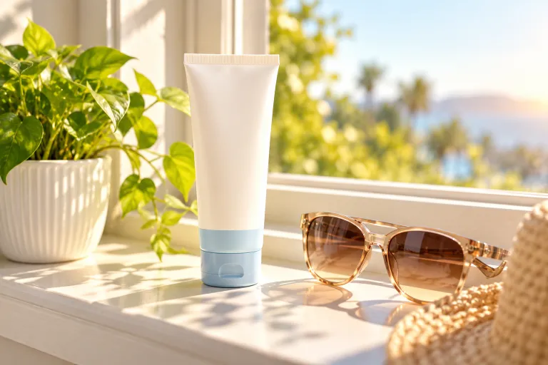 10 Benzoyl Peroxide Tips for Clearer, Healthier Skin 8 Bottle of lightweight facial sunscreen on a sunny windowsill next to sunglasses