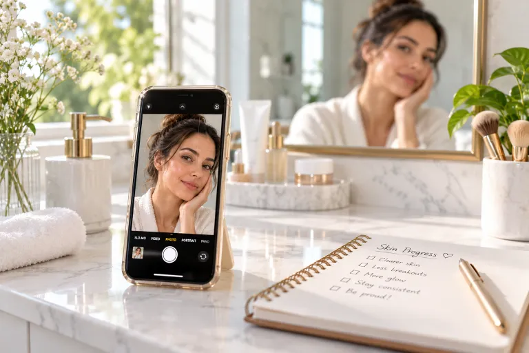 10 Benzoyl Peroxide Tips for Clearer, Healthier Skin 10 Phone on a bathroom counter set up for a weekly skin progress photo beside a notebook