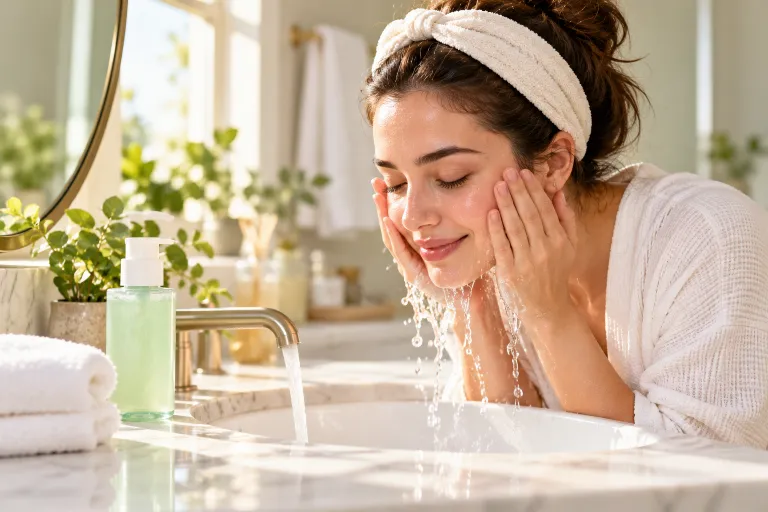 10 Acne Prone Skin Tips for Clearer, Calmer Skin 2 Woman rinsing her face with lukewarm water at a bathroom sink using a gentle cleanser for acne prone skin