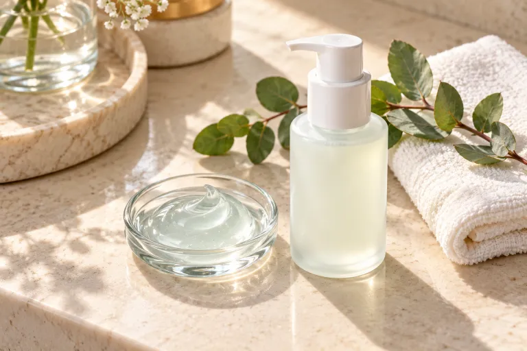 10 Acne Prone Skin Tips for Clearer, Calmer Skin 4 Lightweight gel moisturizer in a pump bottle beside a dish of non-comedogenic cream for oily acne prone skin