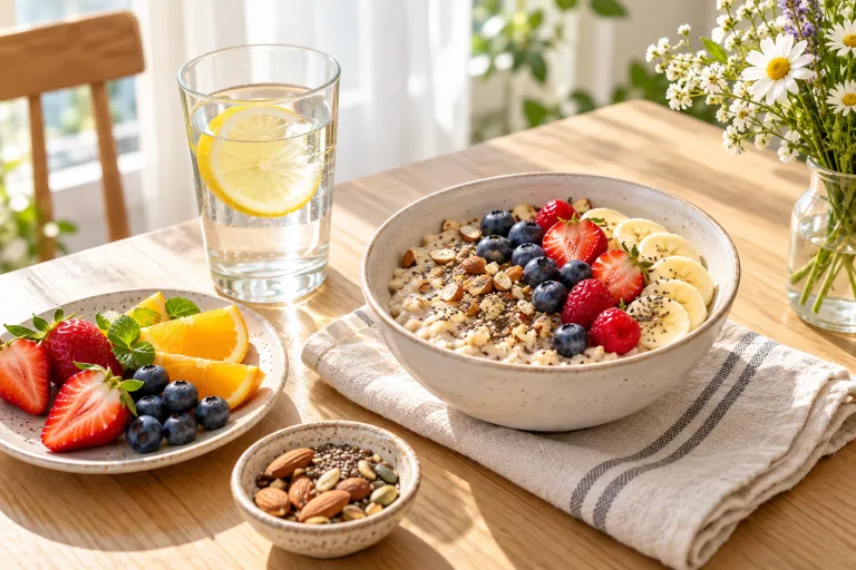 10 Acne Face Tips for Clearer, Healthier Looking Skin 10 Breakfast table with water, fresh fruit, and oatmeal in soft morning light