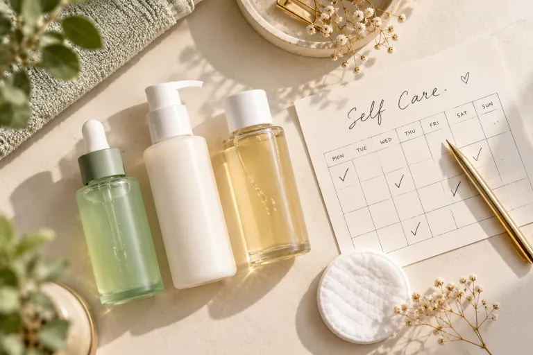10 Acne Prone Skin Tips for Clearer, Calmer Skin 6 Three skin care bottles with a handwritten calendar card showing how to introduce active ingredients slowly