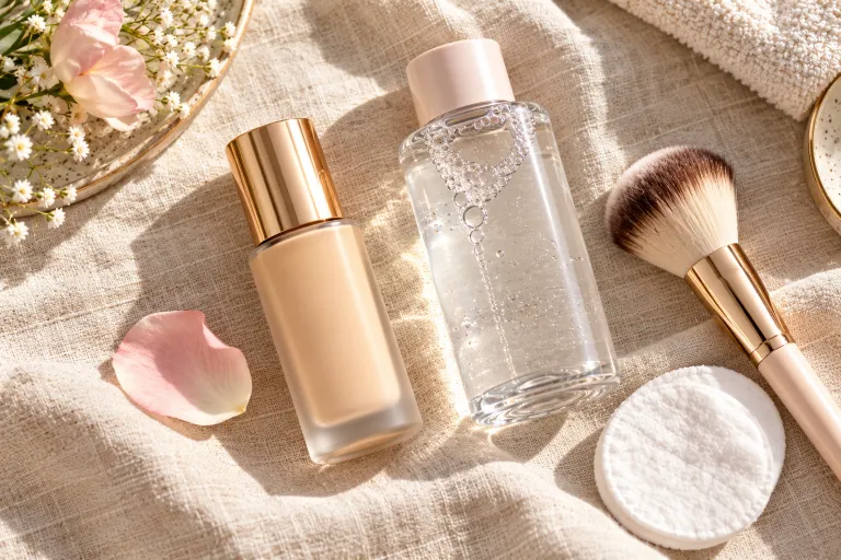 10 Acne Prone Skin Tips for Clearer, Calmer Skin 8 Flat lay of oil-free foundation, makeup remover, and a soft brush on linen for acne prone skin