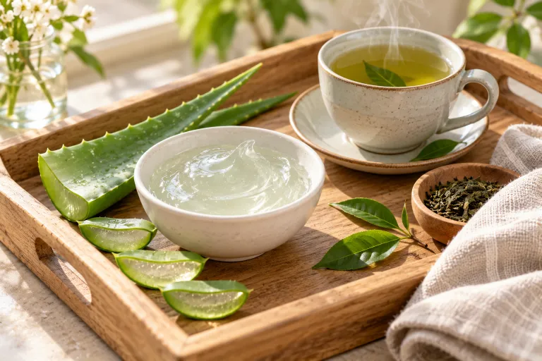 10 Acne Prone Skin Tips for Clearer, Calmer Skin 10 Bowl of aloe vera gel with a fresh aloe leaf and a cup of green tea on a wooden tray for soothing acne prone skin