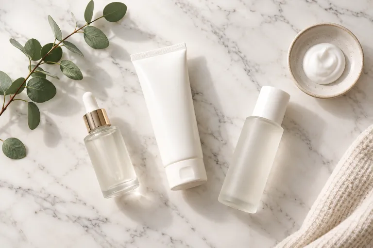 10 Creative Photo Backgrounds for Better Pictures 6 Flat lay of skincare bottles on a white marble surface shot from above