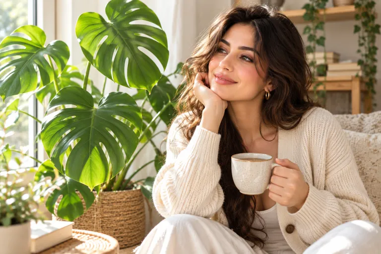 10 Creative Photo Backgrounds for Better Pictures 8 Woman sitting beside a large leafy plant by a sunny window holding a cup of tea