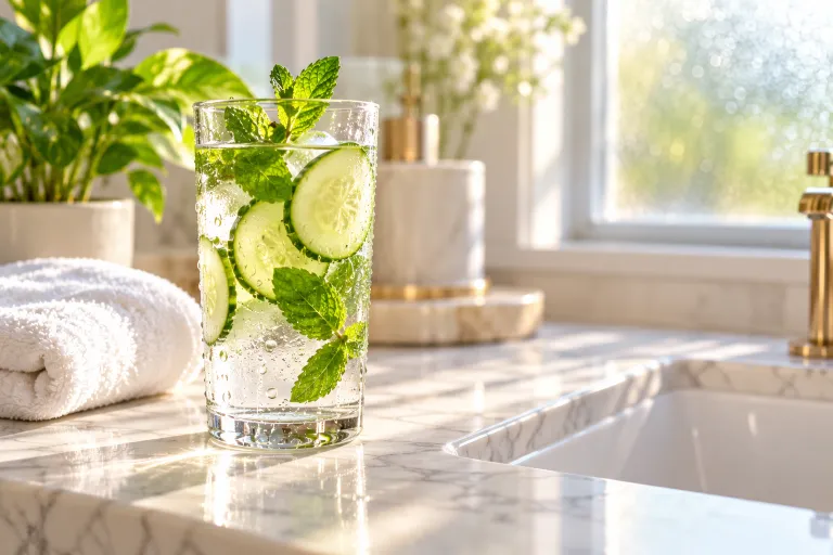 10 Skin Food Habits for Beautiful Glowing Skin 1 Glass of cucumber mint water on a bright bathroom counter in morning light