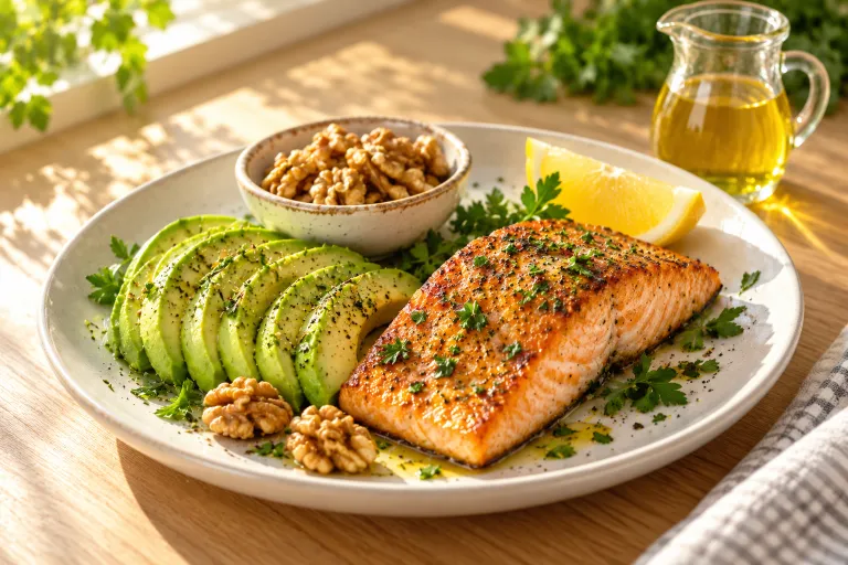 10 Skin Food Habits for Beautiful Glowing Skin 3 Plate of salmon, sliced avocado, and walnuts as healthy fats for glowing skin