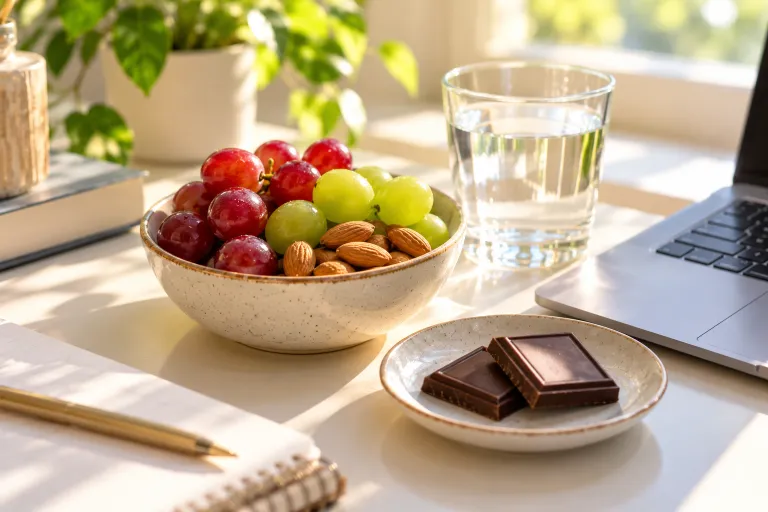 10 Skin Food Habits for Beautiful Glowing Skin 5 Bowl of grapes, almonds, and dark chocolate on a desk as a smarter afternoon snack