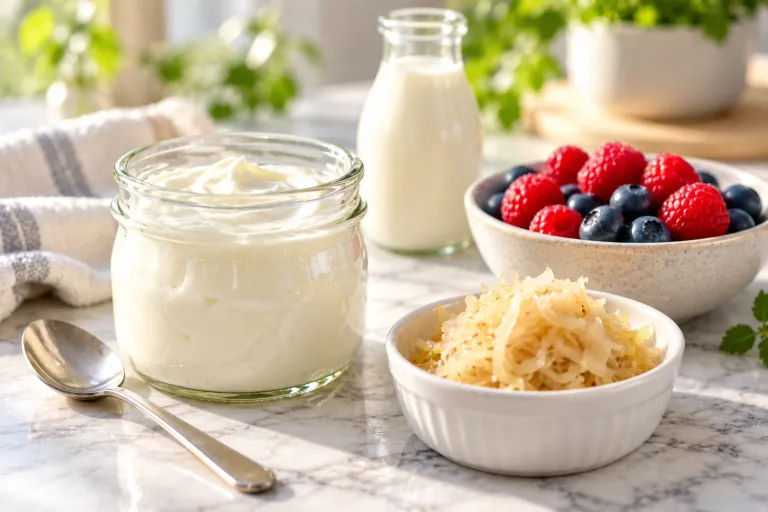 10 Skin Food Habits for Beautiful Glowing Skin 7 Plain yogurt, sauerkraut, and fresh berries arranged as gut-friendly skin food