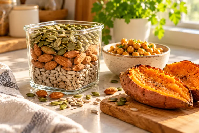 10 Skin Food Habits for Beautiful Glowing Skin 9 Container of pumpkin seeds, almonds, and sunflower seeds beside roasted sweet potato