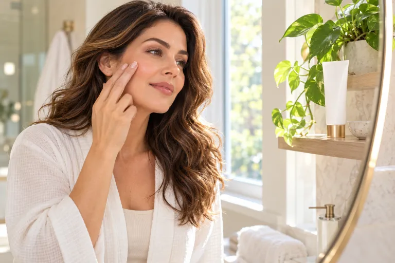 10 Skin Concerns You Should Never Ignore 4 Woman touching her cheekbone in morning light with sunscreen on the bathroom shelf