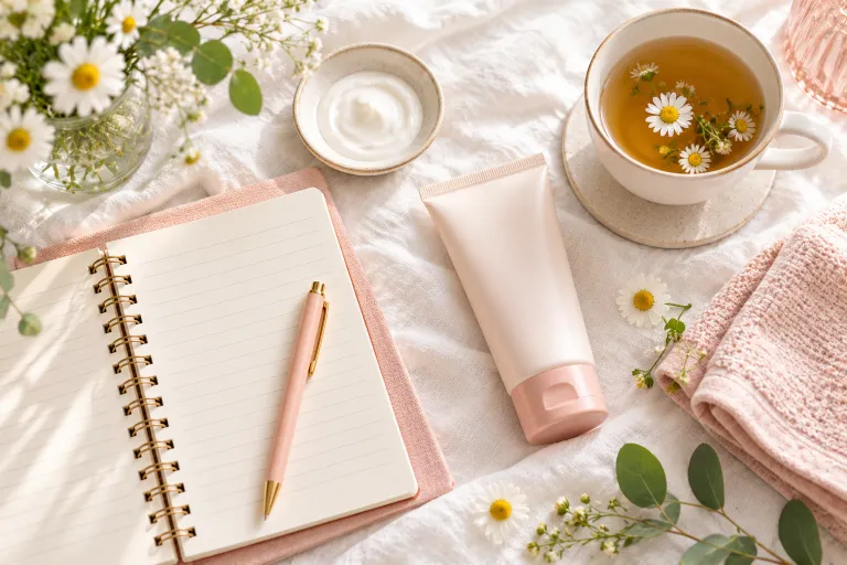 10 Skin Concerns You Should Never Ignore 6 Flat lay with a notebook, fragrance-free moisturizer, and herbal tea on white linen