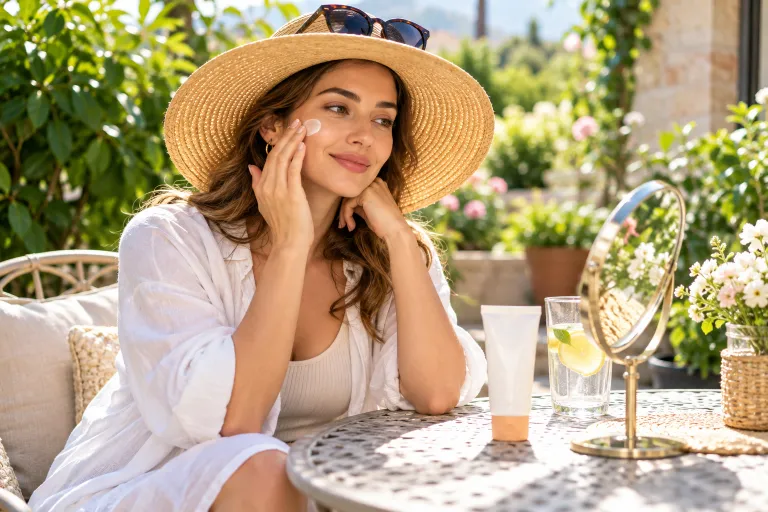 10 Skin Concerns You Should Never Ignore 8 Woman in a wide-brim hat on a sunny patio with sunscreen and a hand mirror