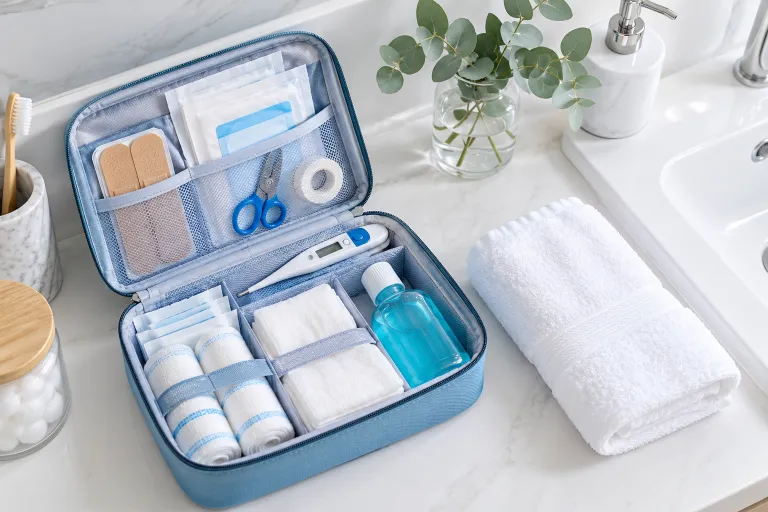 10 Skin Concerns You Should Never Ignore 10 Open first aid kit with antiseptic wash and a clean towel on a bathroom counter