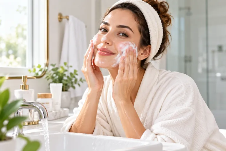 10 Acne Face Tips for Clearer, Healthier Looking Skin 2 Woman gently massaging cream cleanser into her cheeks at a bright bathroom sink