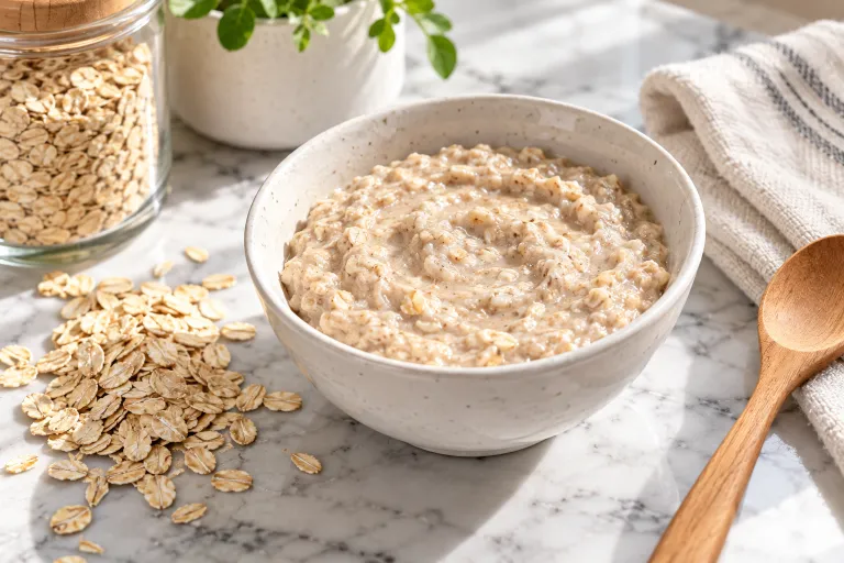 10 Easy Ways to Clear Clogged Pores Naturally 6 Creamy oatmeal exfoliating paste in a bowl beside rolled oats and a towel
