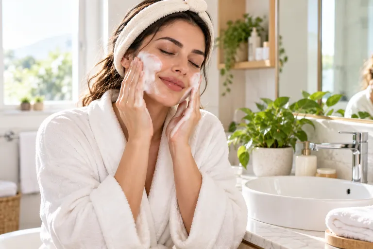 10 Simple Skincare Tips for Naturally Glowing Skin 2 Woman in a white robe massaging foamy cleanser onto her cheeks in a bright bathroom